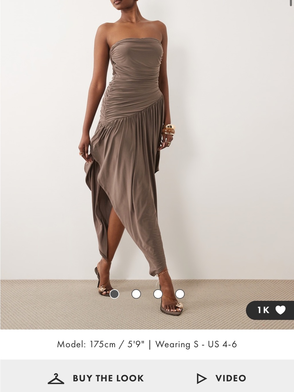 ASOS Strapless Ruched Asymmetric Midi Dress — Taupe size XS
